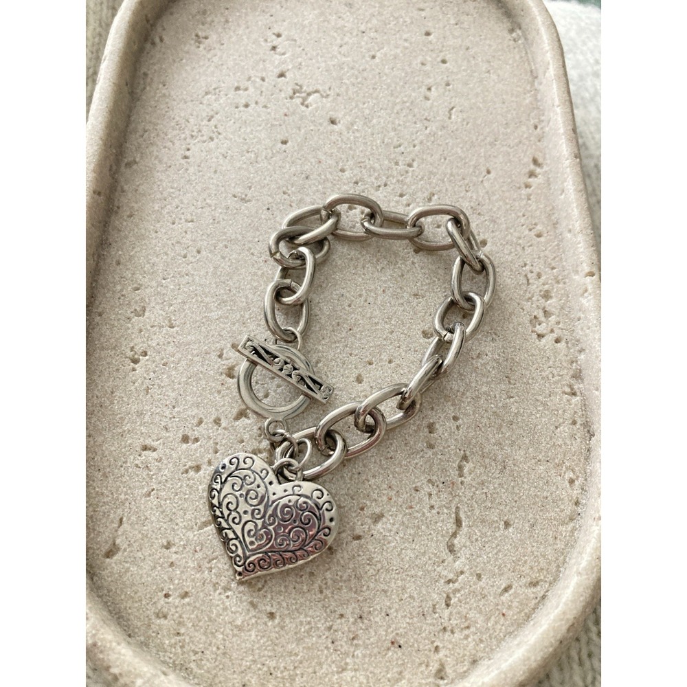 Silver Tone Heart Charm Bracelet Scroll Filigree Toggle Link‎ Romantic Chunky